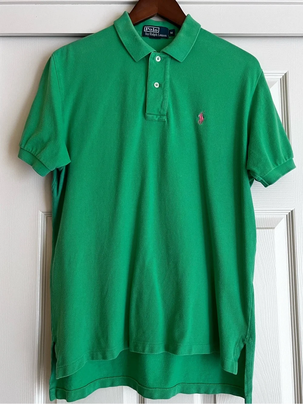 Vintage Ralph Lauren Weathered Green Polo Shirt with Pink Logo Classic Fit M